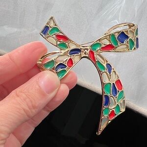 Colorful Enamel Bow Brooch - Red, Green, Blue, Cream, Gold Lot 6010